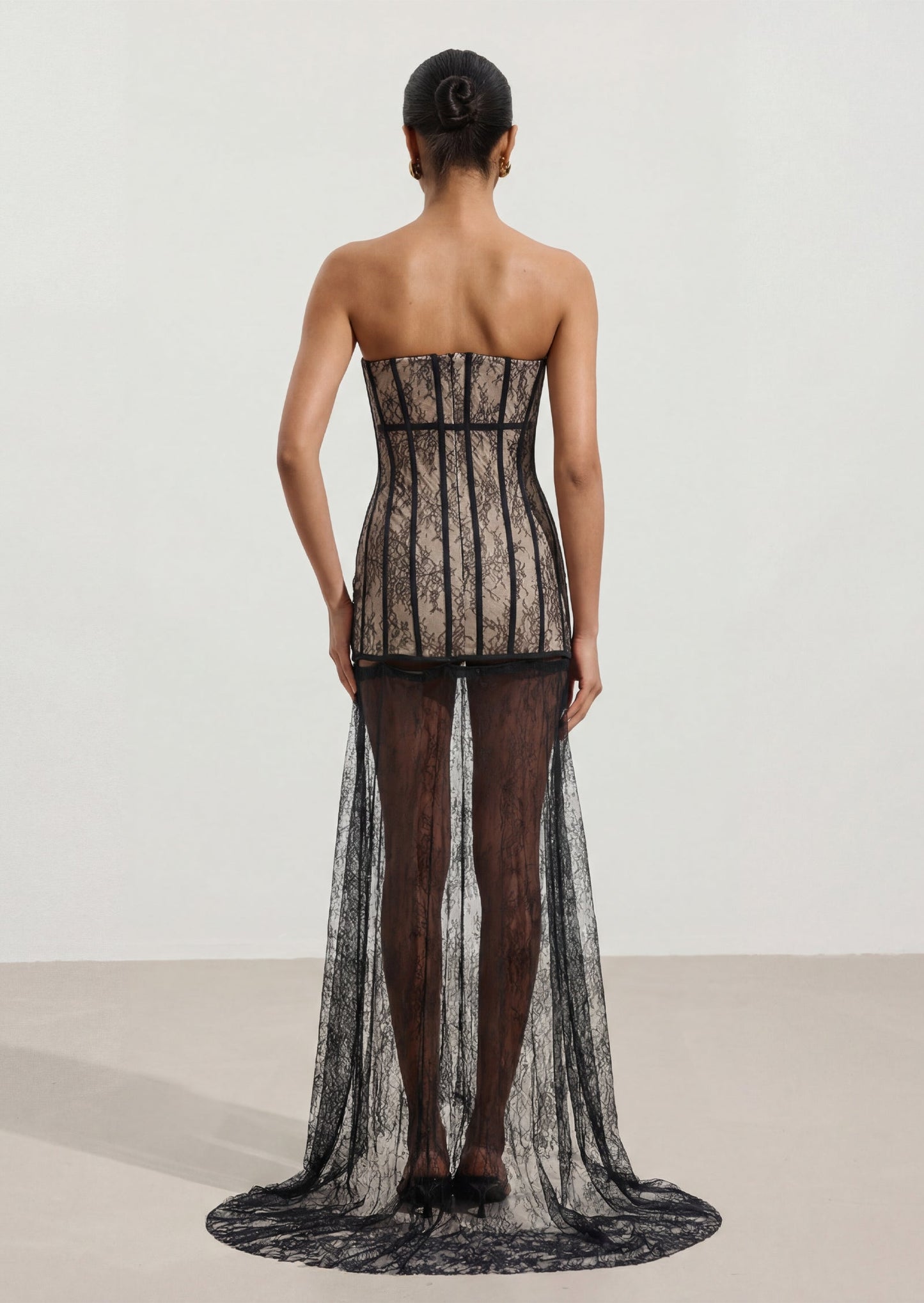 Strapless Black Floral Lace Corset Maxi Dress