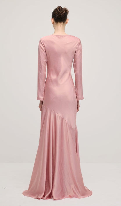 Fitted Satin With Rhinestones Maxi Dress In Pink