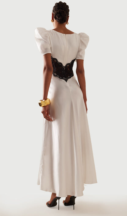 Lace Trimmed Puff Sleeve Silk Maxi Dress