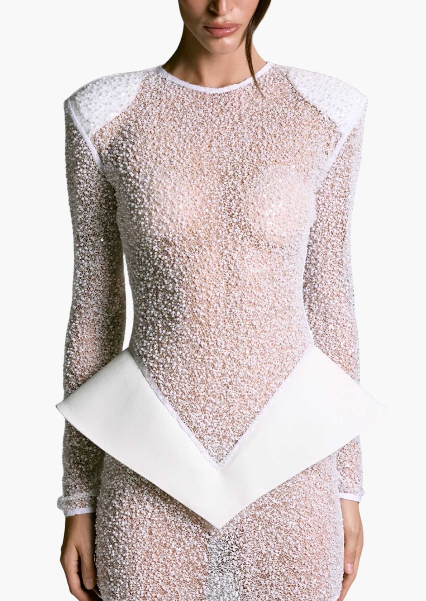 Eclat Sheer Beaded Mini Dress In White