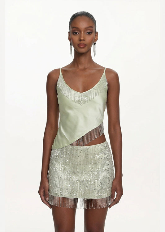 Marcia Beaded Top & Mini Skirt Set In Seafoam