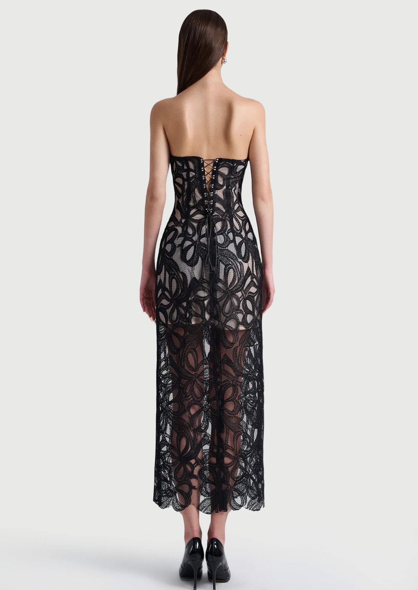 Off Shoulder Lace Mesh Floral Midi Dress