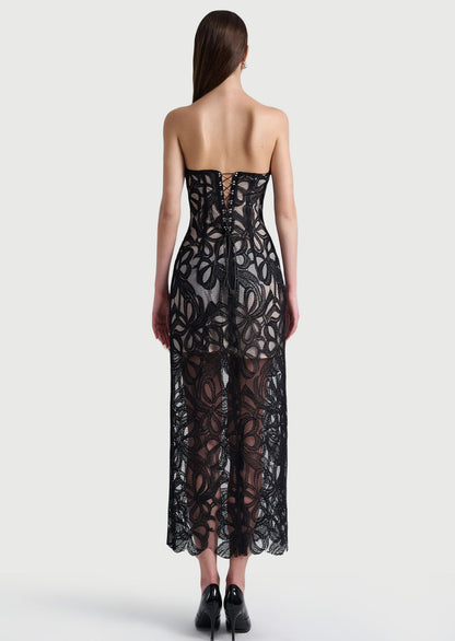 Off Shoulder Lace Mesh Floral Midi Dress