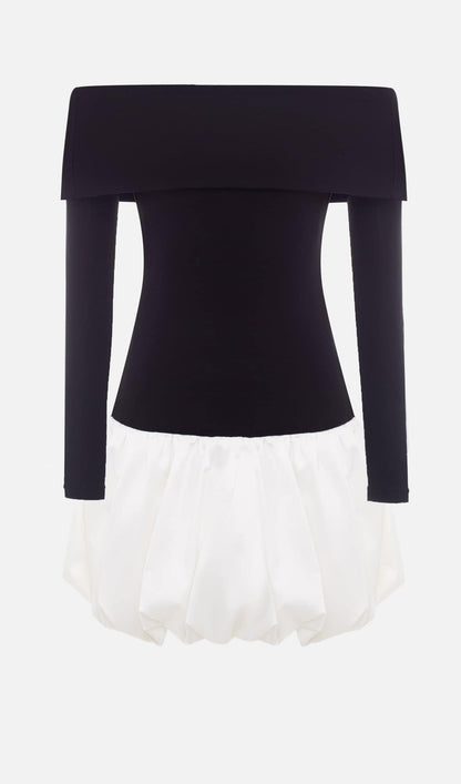 Open Shoulders Balloon Mini Dress-White