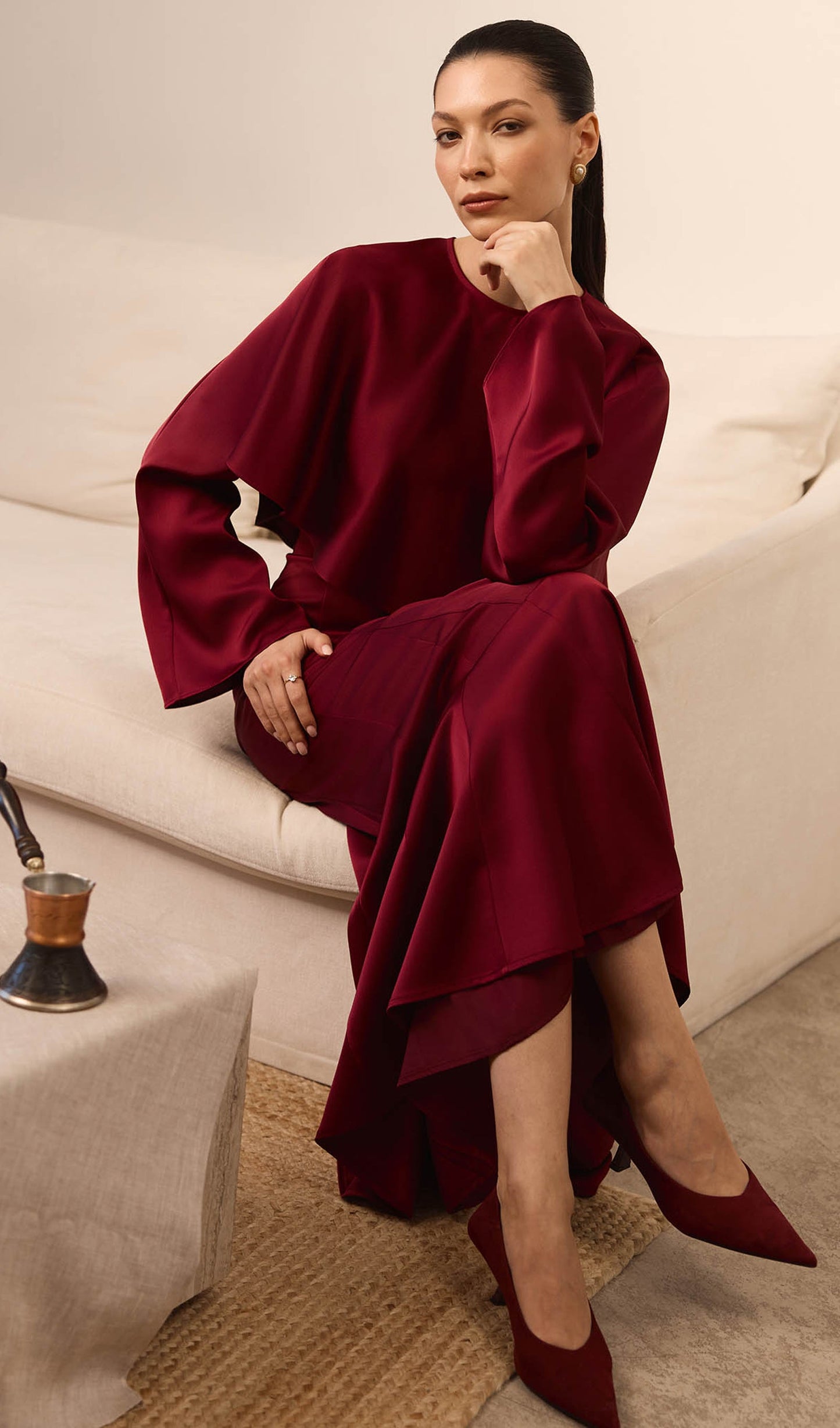 Maxi Dress With Voluminous Cape In Claret