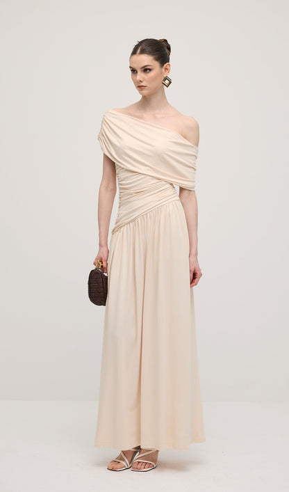 Off Shoulder Pleated Maxi Dress In Dune