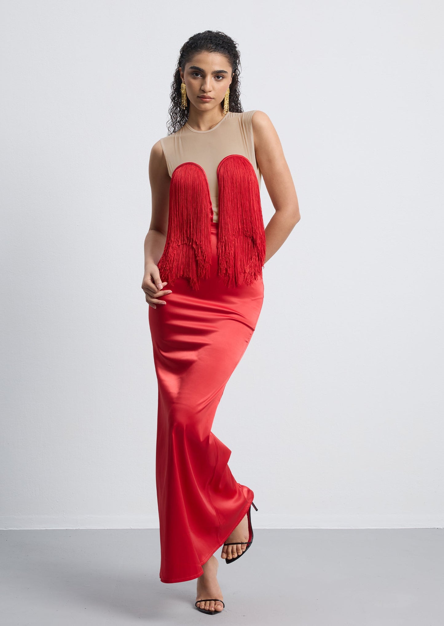 Hiba Fringe Detail Satin Maxi Dress With Fur Collar