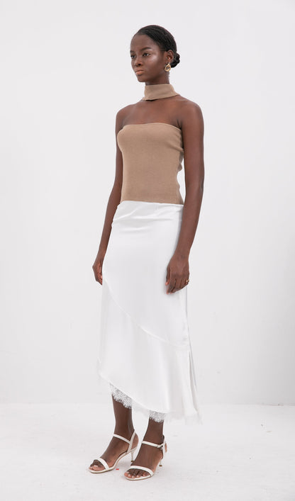 Trendy Satin Lace-Trim Midi Skirt-White