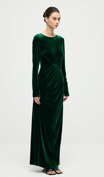 Long Sleeved Gathers  Maxi Dress In Dark Green