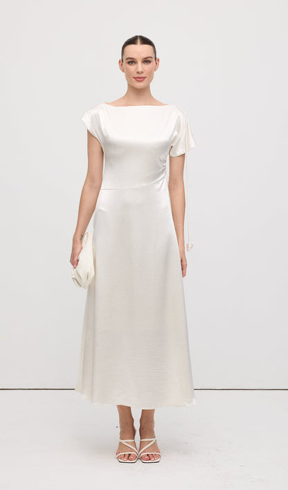 Asymmetric Short sleeve Satin Midi Dress
