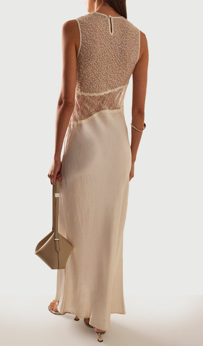 Semi-Sheer Satin Patchwork Maxi Dress