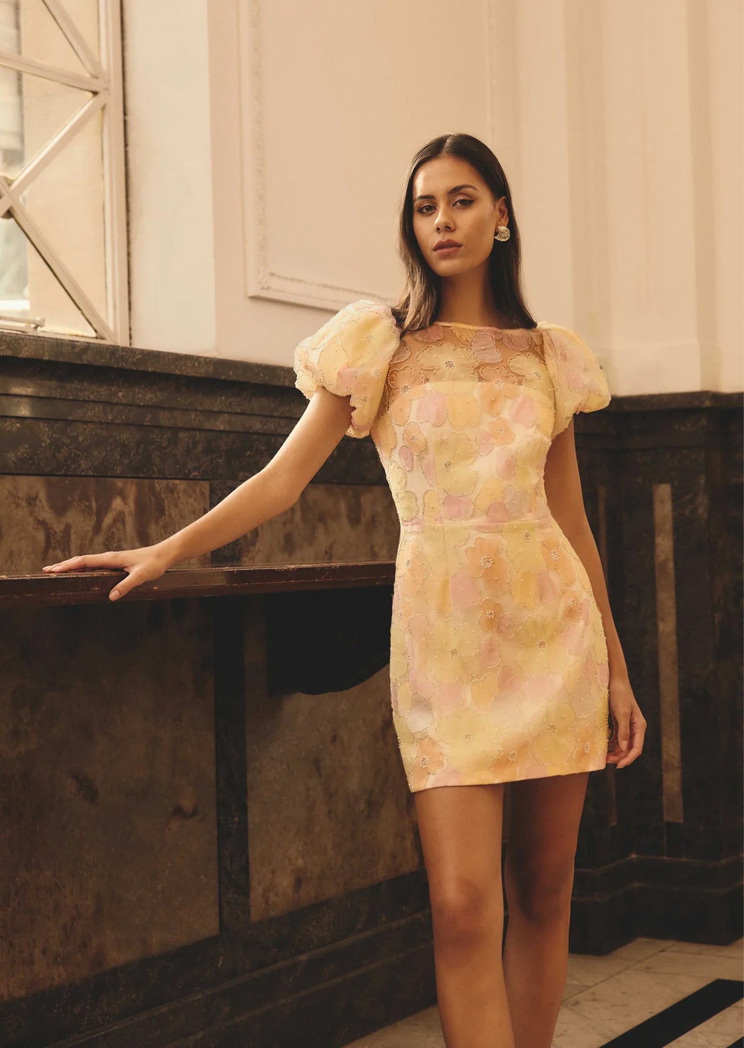 Zaria Floral Puff Sleeve Mini Dress In Yellow