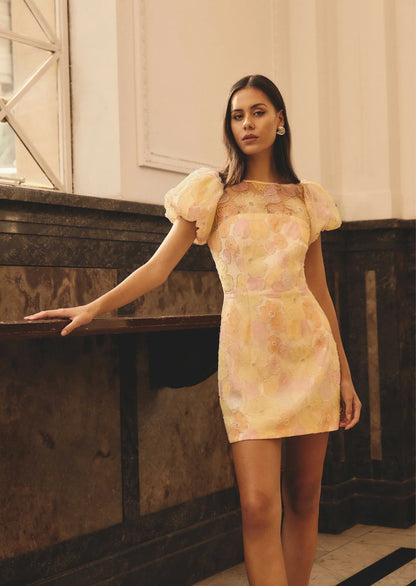 Zaria Floral Puff Sleeve Mini Dress In Yellow