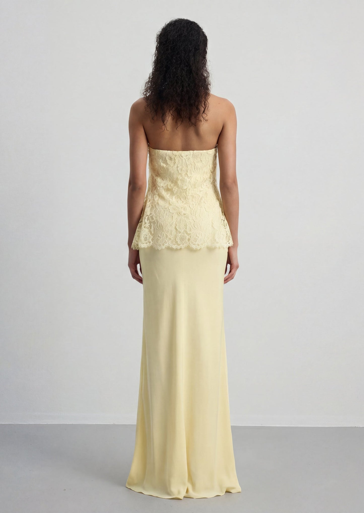 Crepe Strapless Bias Maxi Dress With Lace Overlay