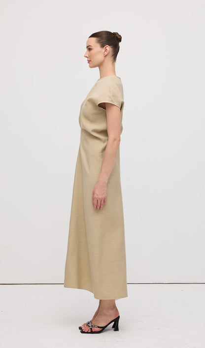 Slouch Waist  Midi Dress-Green