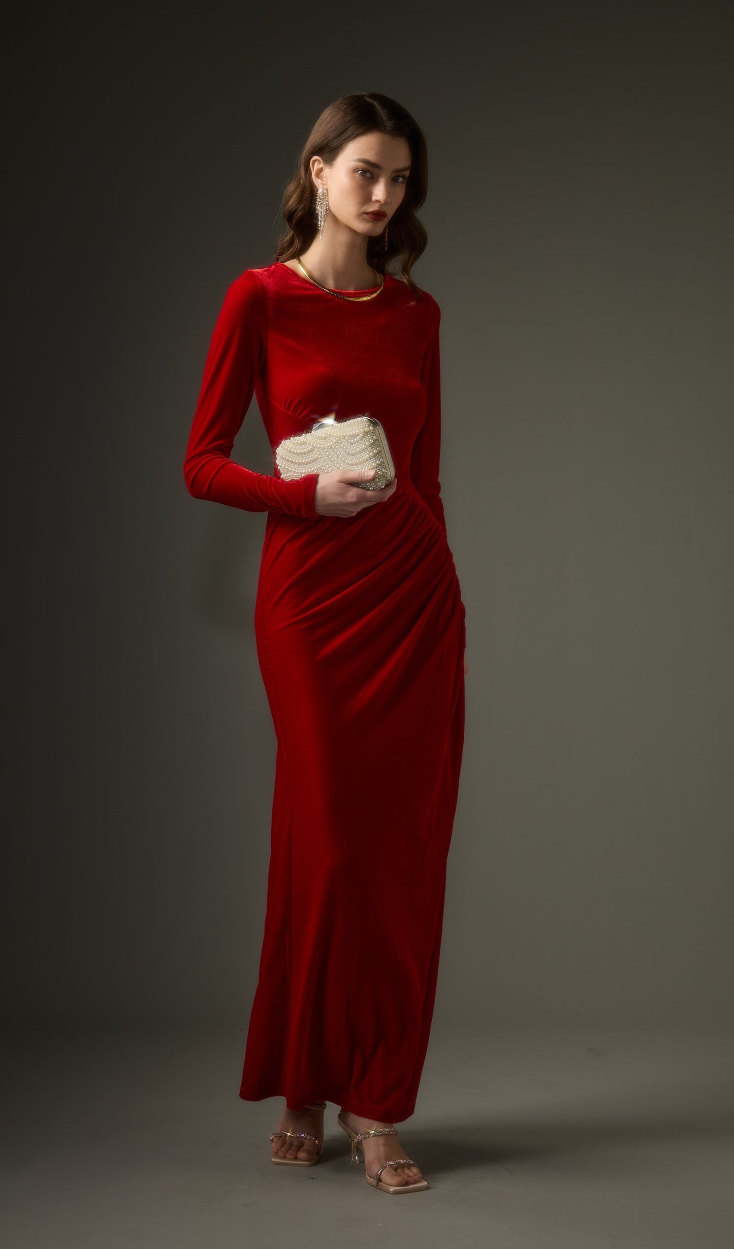 Long Sleeved Gathers  Maxi Dress In Red