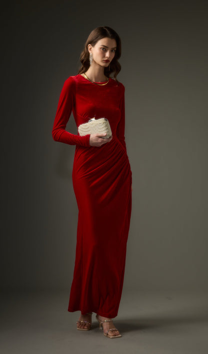 Long Sleeved Gathers  Maxi Dress In Red