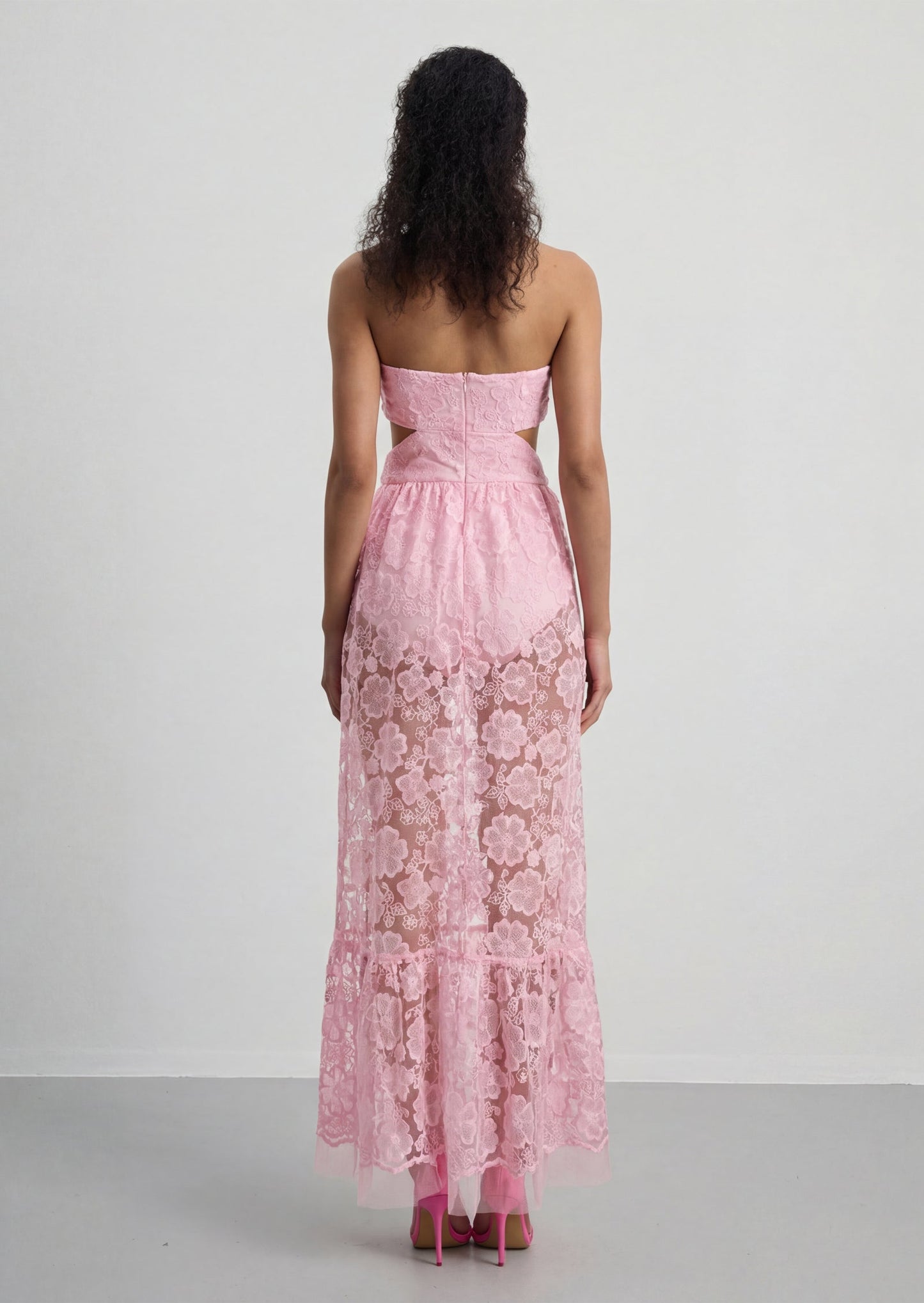 Embroidered Tulle Slit Maxi Dress In Pink