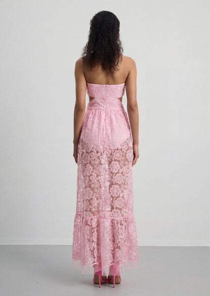Embroidered Tulle Slit Maxi Dress In Pink