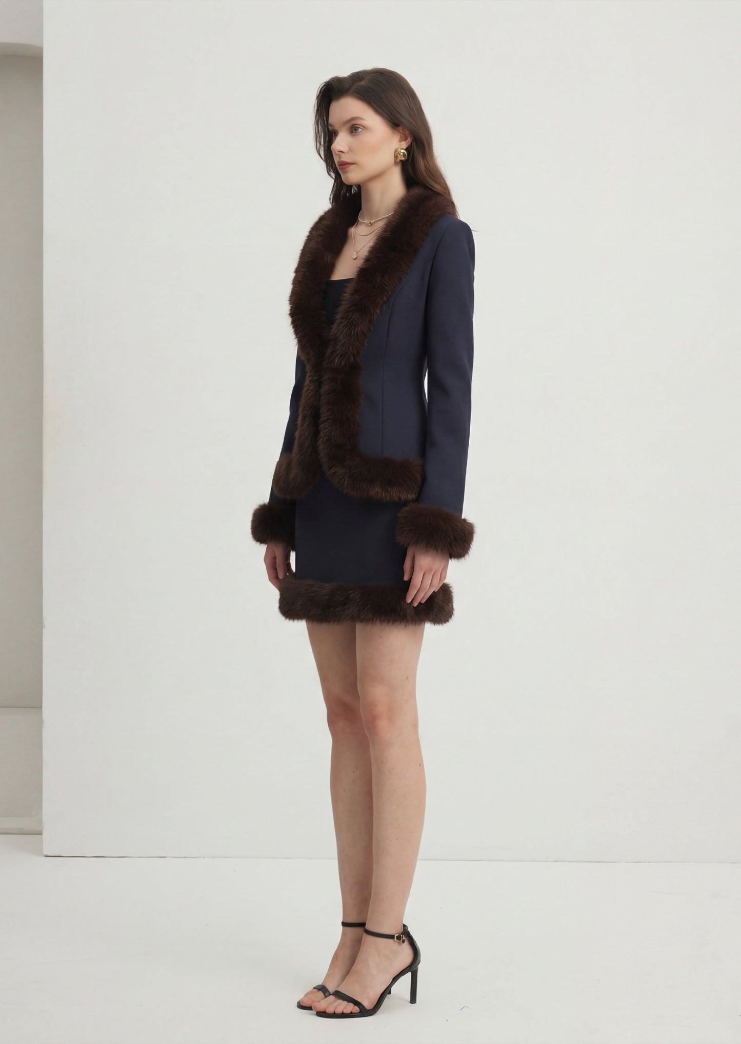 Fur Trim Jacket & Sleeveless Mini Dress Set
