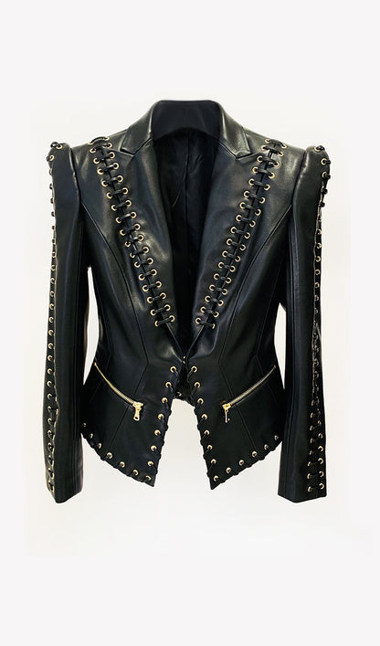 Rope Lacing Leather Jacket & Mini Skirt