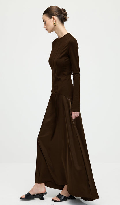 Knitted Satin Maxi Dress In Coffee