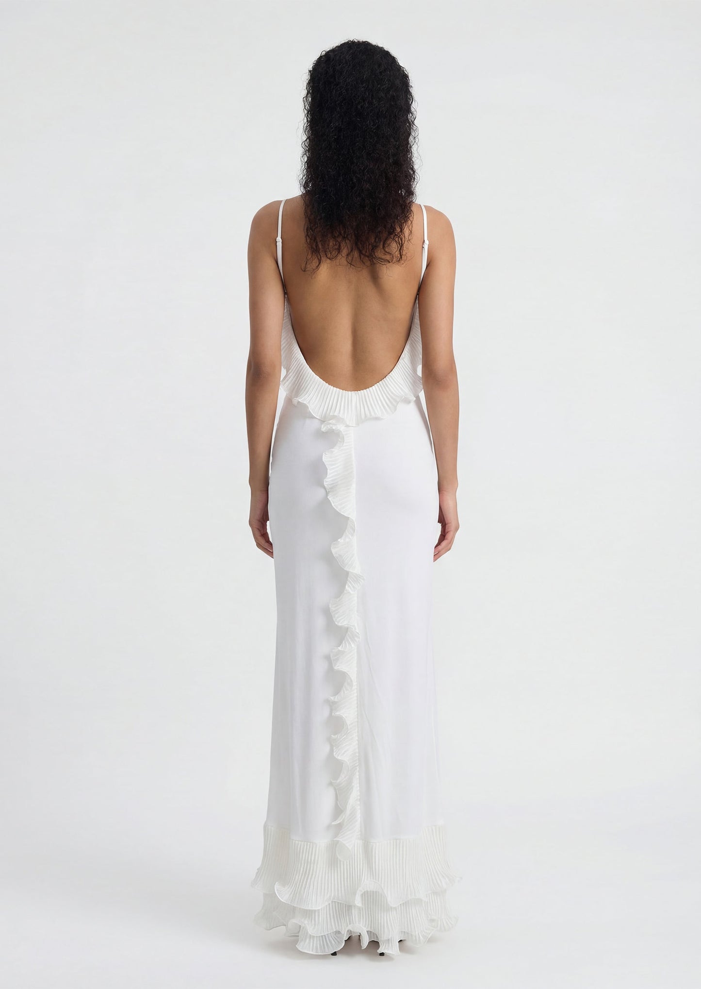 Delina Ruffle Open Back Mermaid Maxi Dress