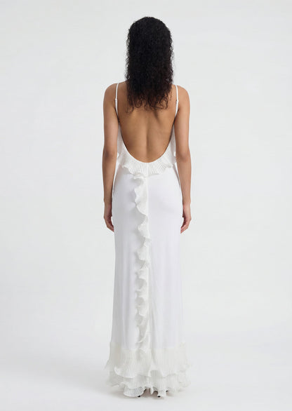 Delina Ruffle Open Back Mermaid Maxi Dress