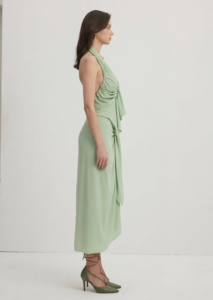 Irregularly Pleated Top & Tie-Up Slit Skirt Set