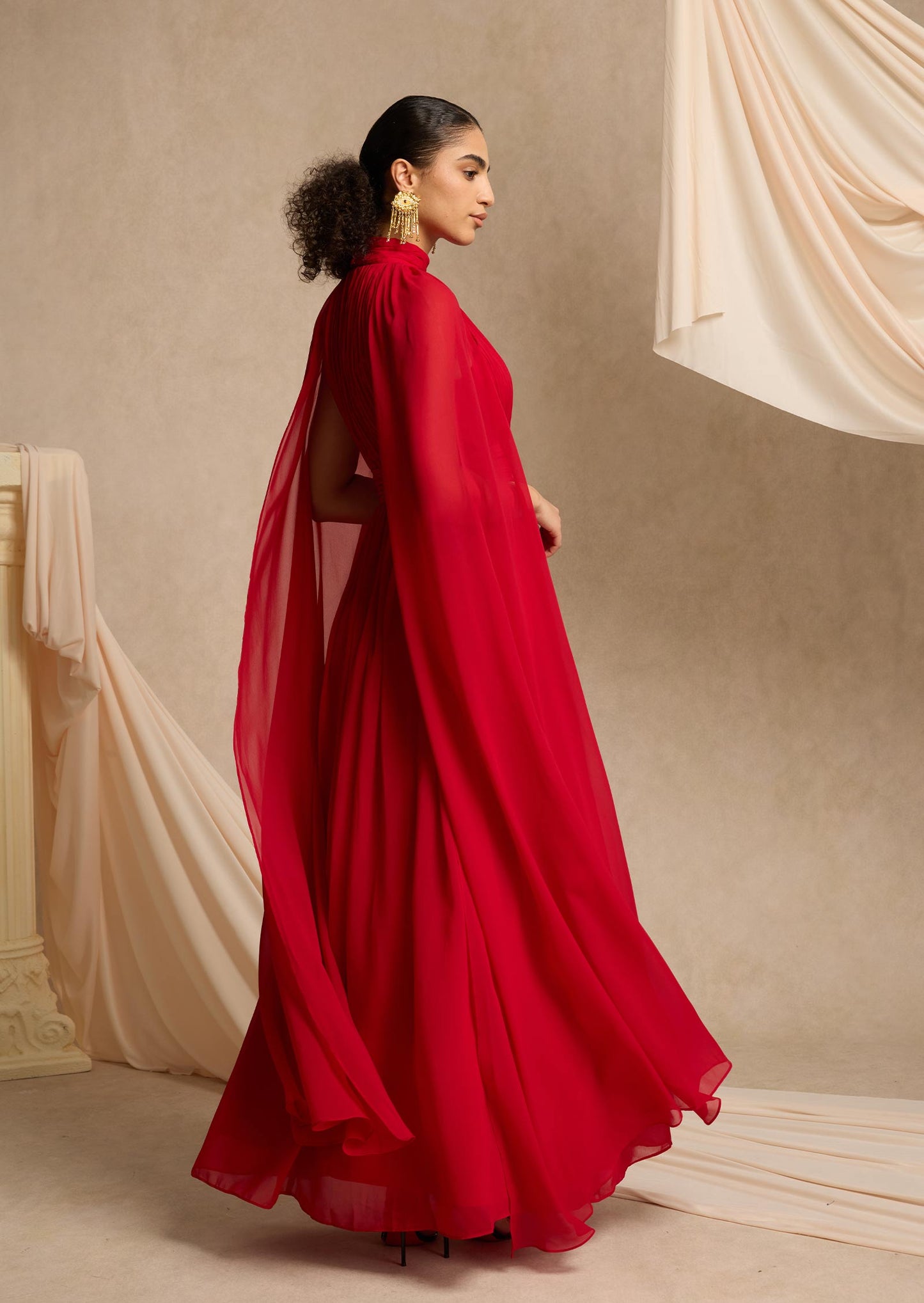 Layali Rose Cape Effect Gathered Chiffon Gown