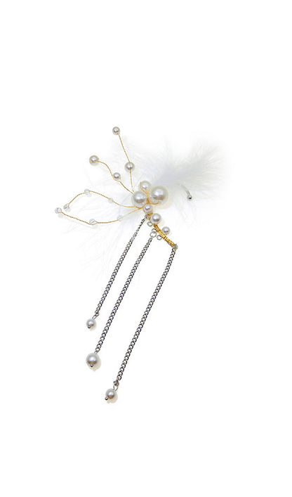 Feather Pearl Climber Tassel Cuff Single Earrings