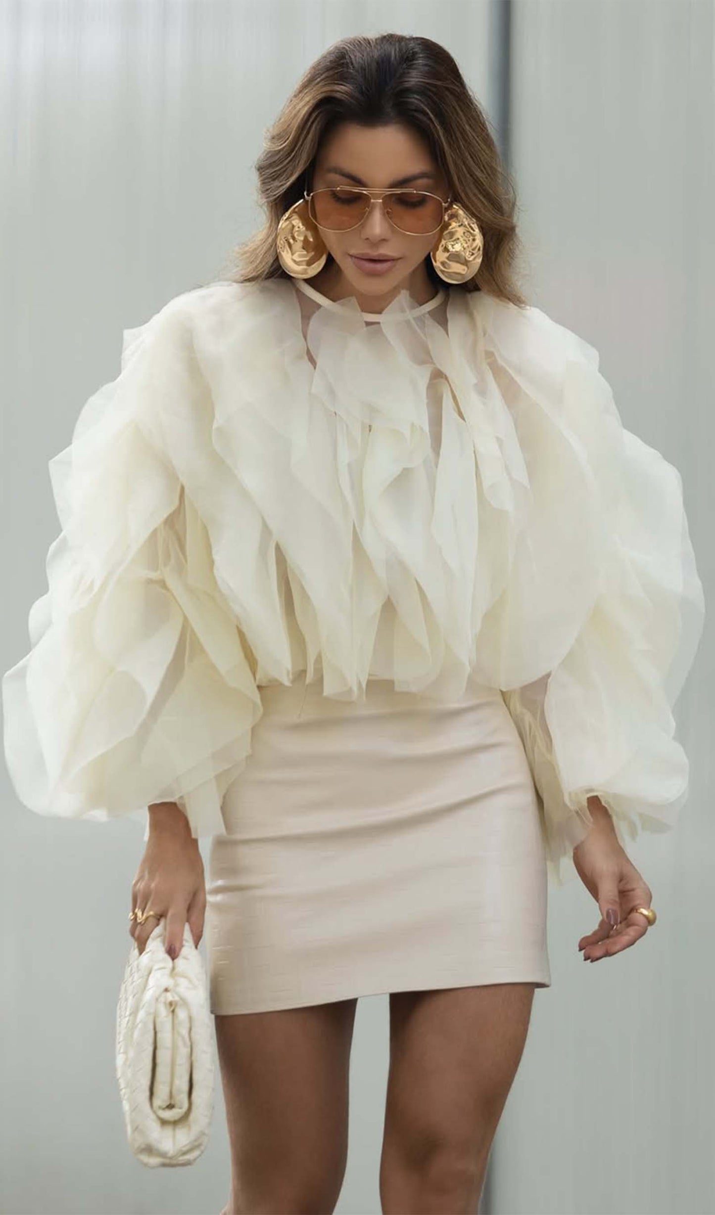 Mesh Ruffle Ruch Shirt Tops