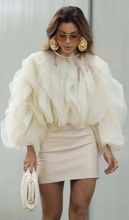 Mesh Ruffle Ruch Shirt Tops