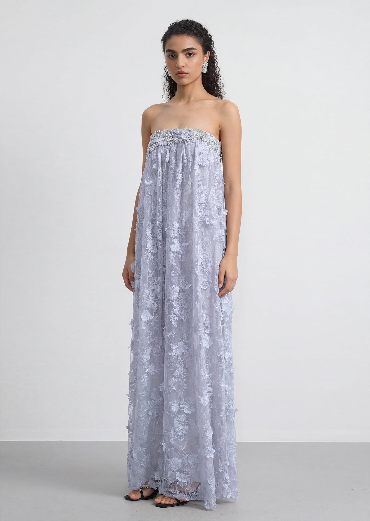 Solid Floral Applique Off Shoulder Dress