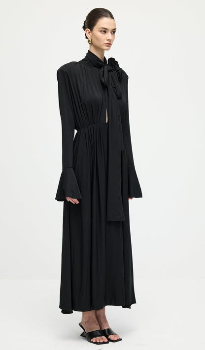 Flower V-Neck Pleated Slit Maxi Dress In Black