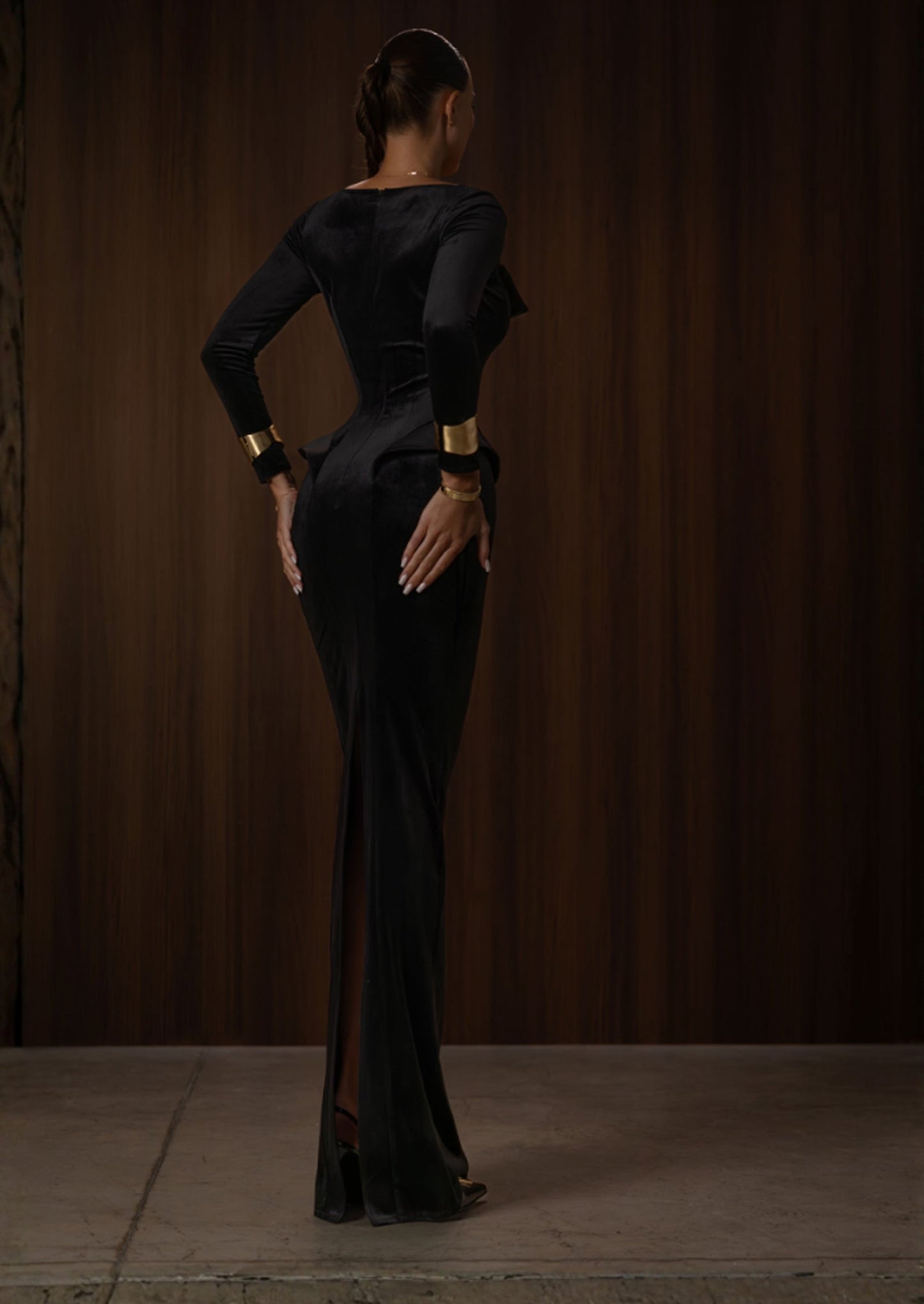 Velvet Shaped Neckline Slit Maxi Dress