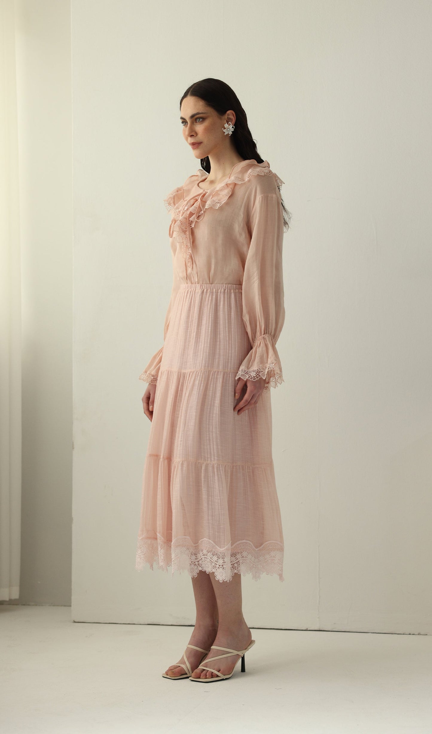 V Neck Lace Panel Ruffled Top