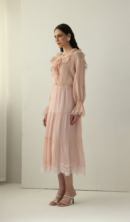 V Neck Lace Panel Ruffled Top