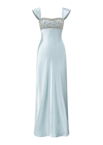 Satin Embellished Maxi Dress In Pale Blue