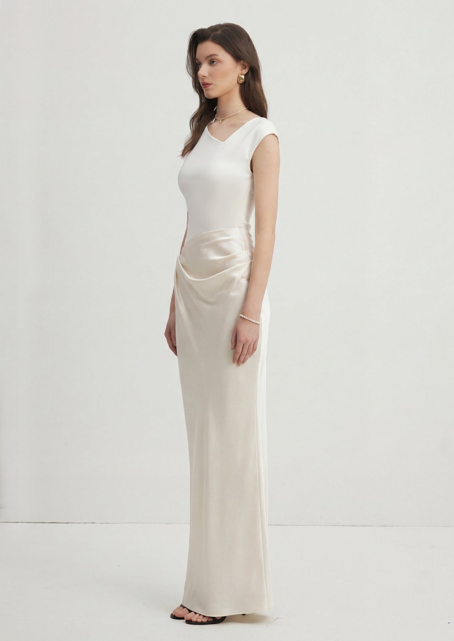 Asymmetrical Neckline Spliced Satin Maxi Dress
