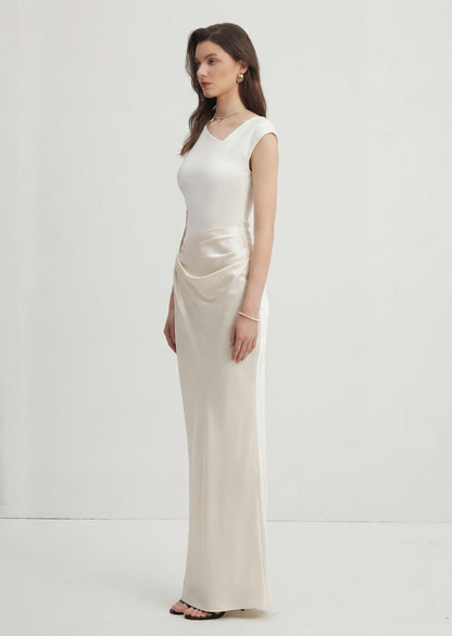 Asymmetrical Neckline Spliced Satin Maxi Dress