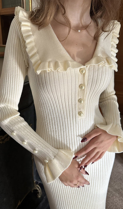 Knitted Ruffle Midi Dress-White
