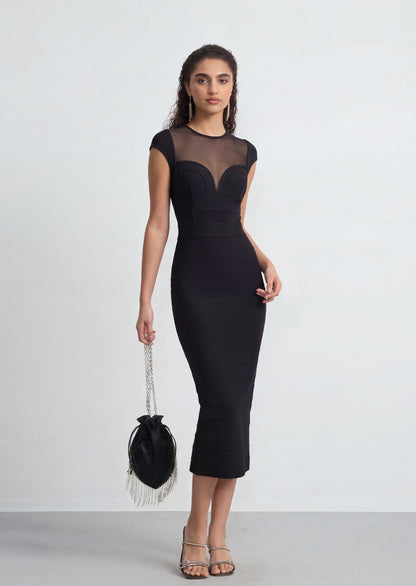 Herve Cap Sleeve Mesh Insert Midi Dress