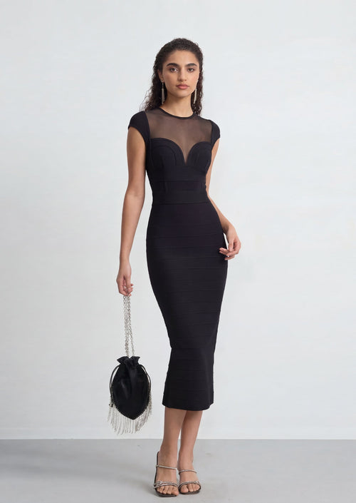 Herve Cap Sleeve Mesh Insert Midi Dress