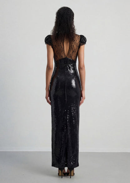 Sequin Cap Sleeve Gown With Lace Details