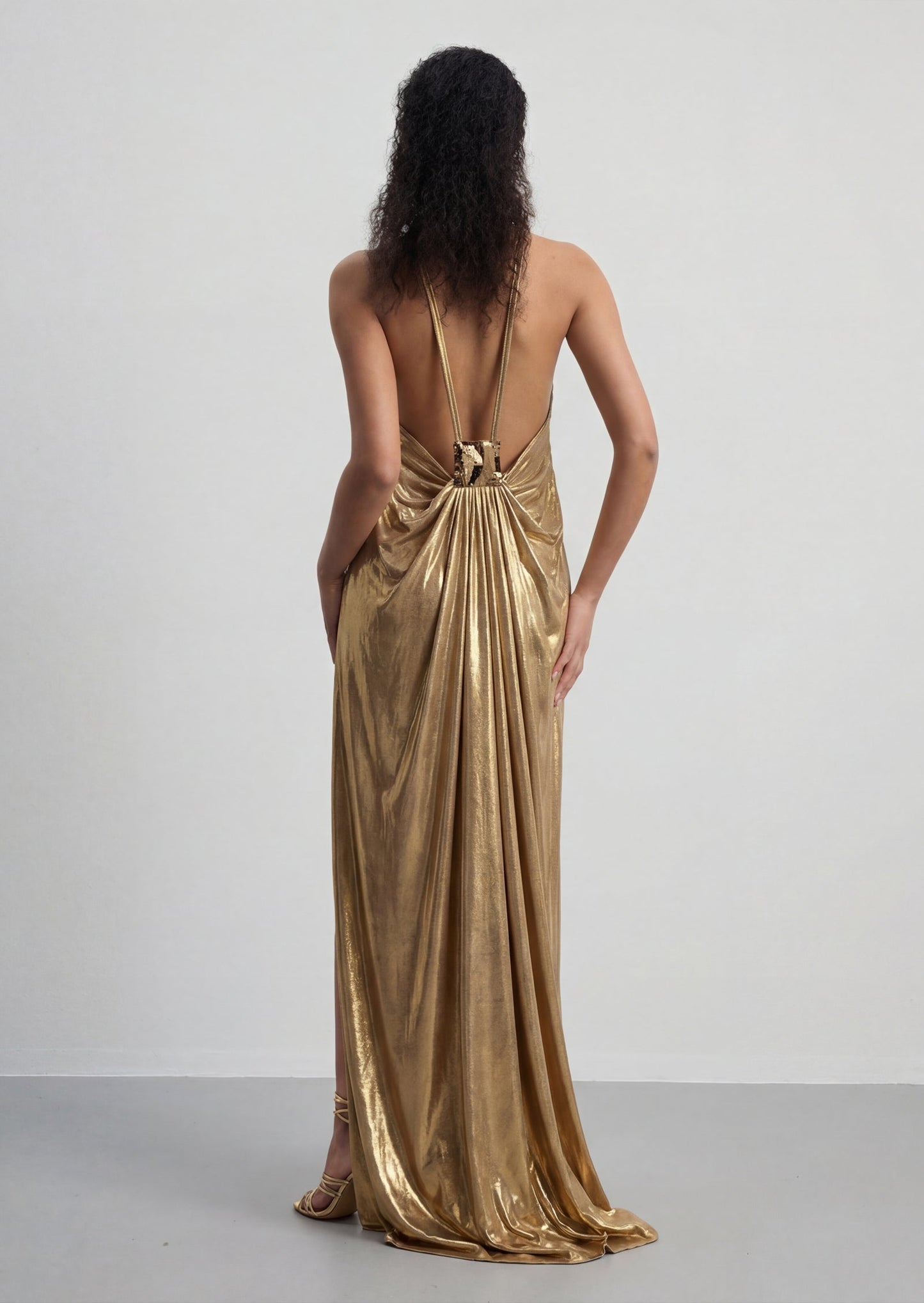 Halter Metallic Slit Maxi Gown