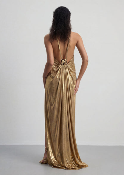 Halter Metallic Slit Maxi Gown