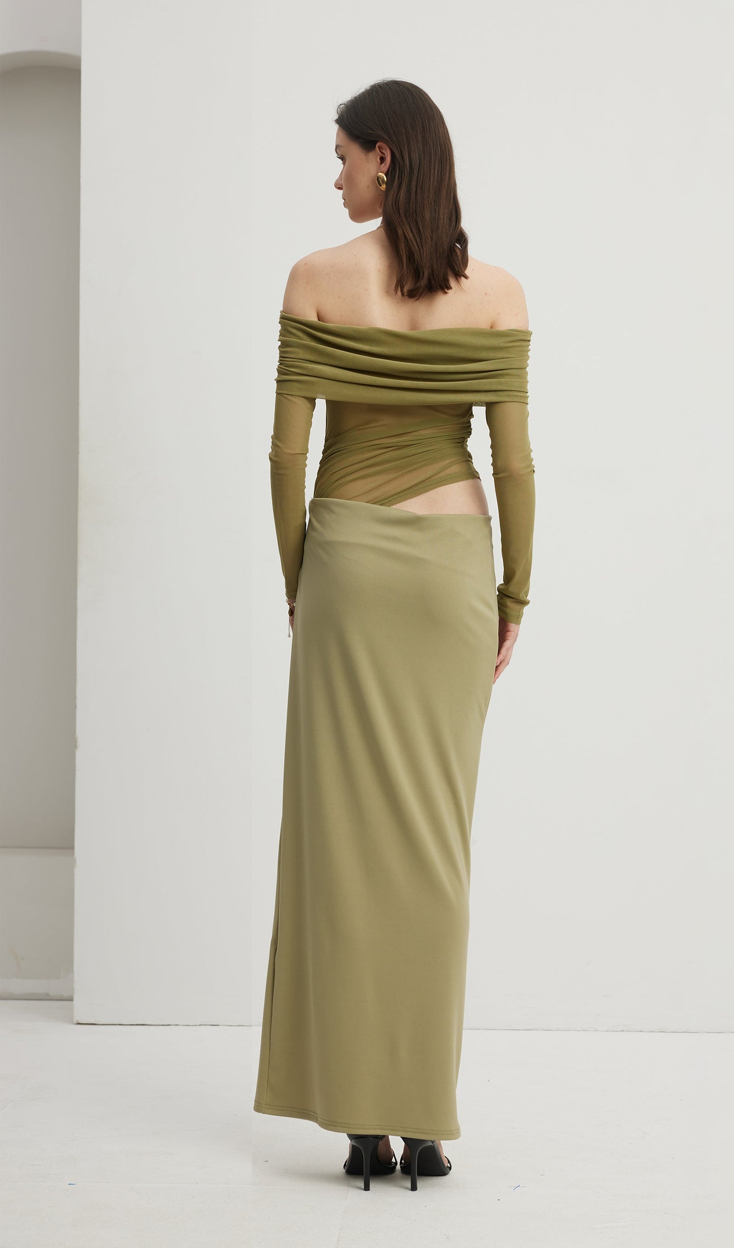 Off Shoulder Sheer Maxi Mesh Green