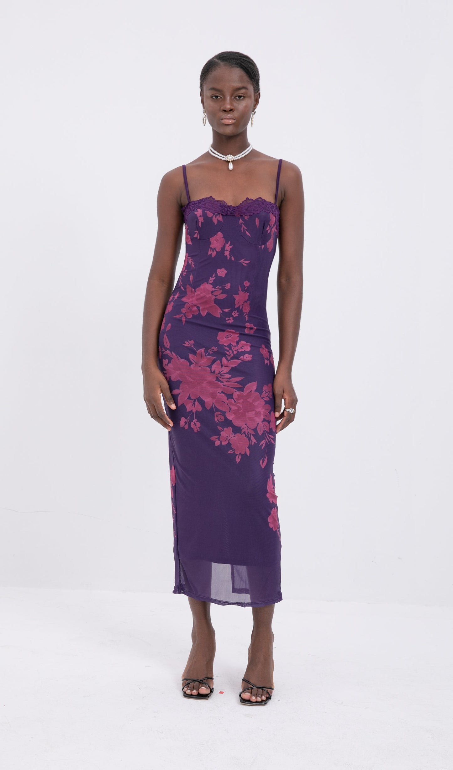 Trendy Tied Lace Floral Mesh Midi Dress