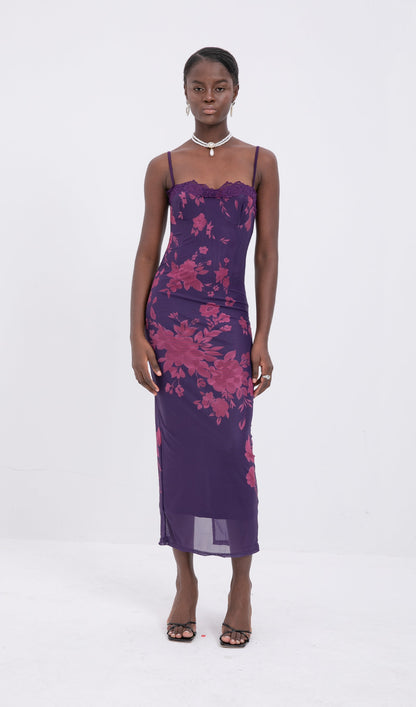 Trendy Tied Lace Floral Mesh Midi Dress